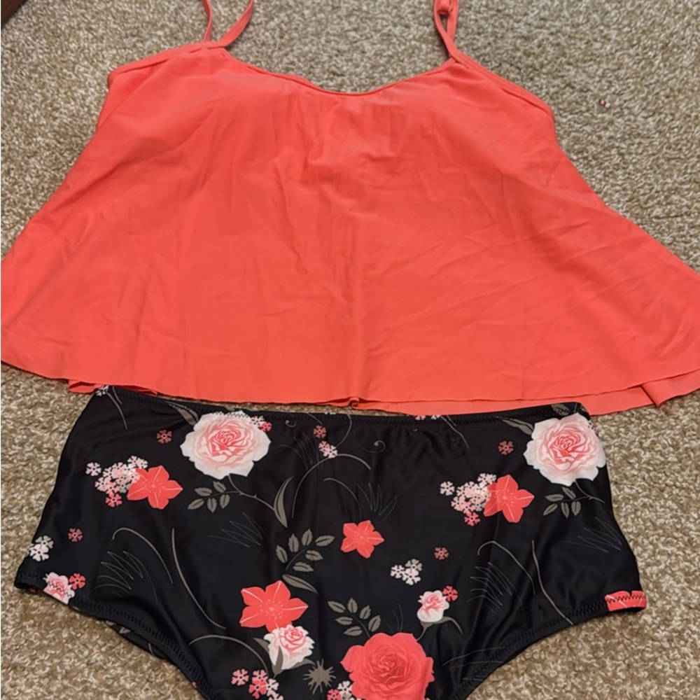 Floral Coral and Black Women's Swim Set